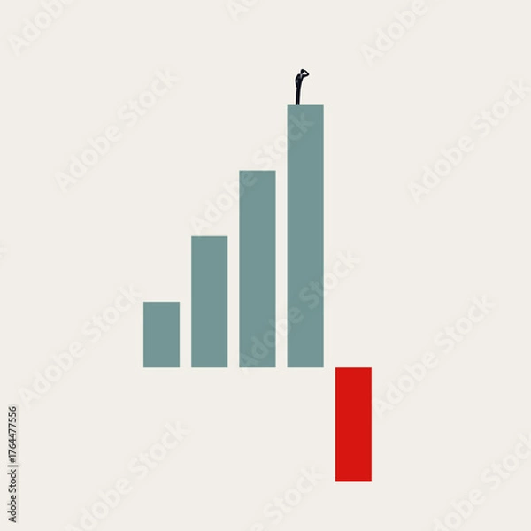 Fototapeta Vector illustration of a person standing atop a bar graph, looking down at a huge red column symbolizing a market crash, financial crisis, bankruptcy, or a major economic downturn.