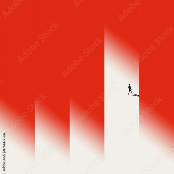 Fototapeta A strong visual metaphor for finding an opportunity or the entrance to a successful career. A business silhouette steps through a bright, glowing opening in a solid, red barrier.