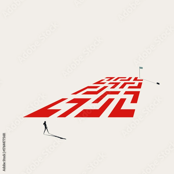 Fototapeta Minimalist vector illustration of a person standing before the entrance to a complex red maze, with a flag marking the end. Represents a challenge, a business strategy, or a goal-setting journey.