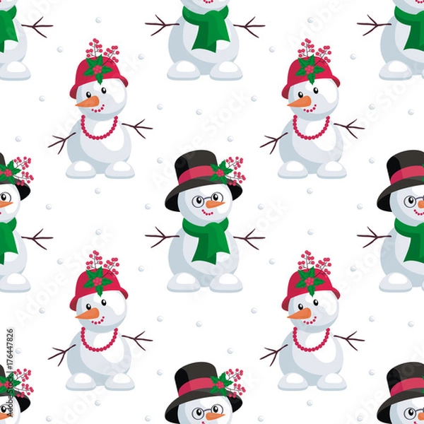 Fototapeta Christmas seamless pattern with the image of snowmen in cartoon style. Vector colorful background