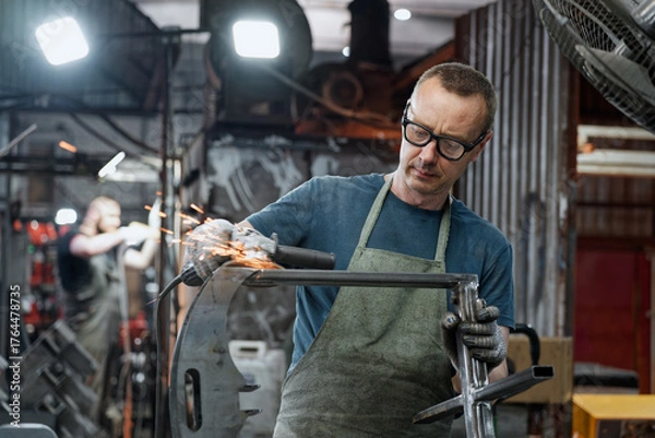 Obraz Engineer using angle grinder on metal piece at factory floor