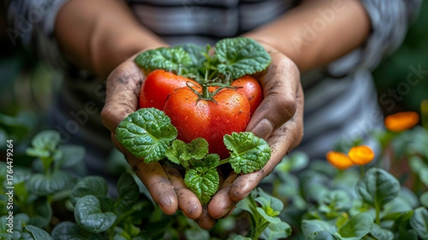 Obraz Freshly picked tomatoes held in hands. (1)