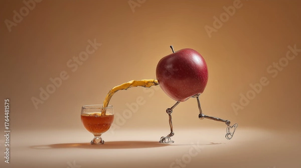 Fototapeta Surreal Red Apple with Robot Legs Pouring Juice into a Glass