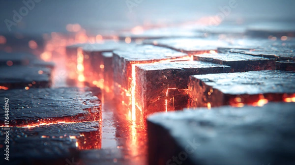 Obraz A close up of a rocky landscape with a fire burning through the rocks. The fire is orange and the rocks are grey. Concept of destruction and chaos