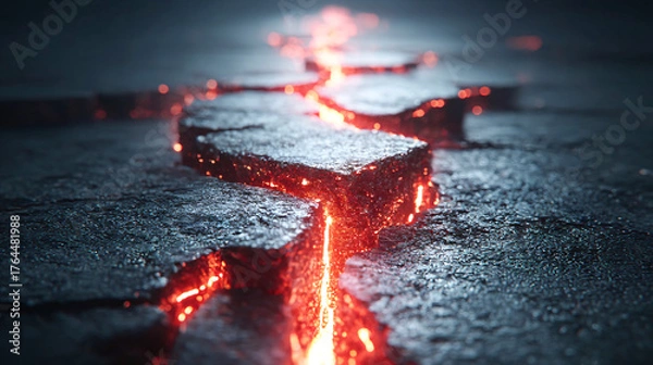 Obraz A crack in the ground with red lava flowing out of it. The lava is glowing and the crack is deep