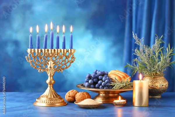 Obraz A table covered with a blue tablecloth for Hanukkah celebrations, with a golden menorah, lighted candles and treats on the table