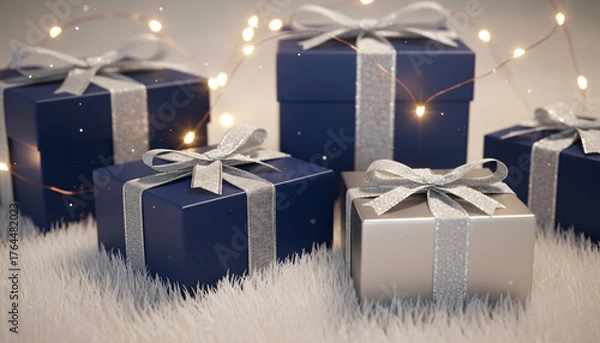 Obraz A row of blue and silver wrapped presents are on a white surface. The blue boxes are decorated with silver ribbons and bows. Concept of excitement and anticipation for the upcoming holiday season
