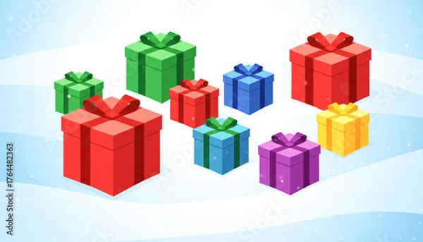Obraz A colorful assortment of presents are lined up on a snowy surface. The presents are of various sizes and colors, including red, green, blue, and yellow. Concept of joy and excitement