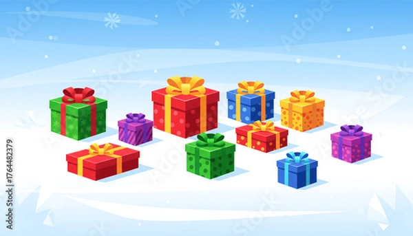 Obraz A bunch of colorful boxes with a white background. The boxes are all different sizes and colors, and they are all wrapped in colorful ribbons. Concept of joy and excitement