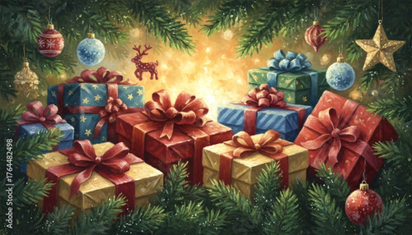 Obraz A painting of a Christmas tree with many presents and decorations. The mood of the painting is festive and joyful