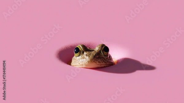 Fototapeta Cute Frog with Large Eyes Peeking Out of a Hole in a Bright Pink Background