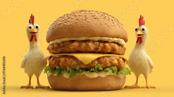 Fototapeta Two Cartoon Chickens Standing Next to a Large Double Chicken Burger on a Yellow Background