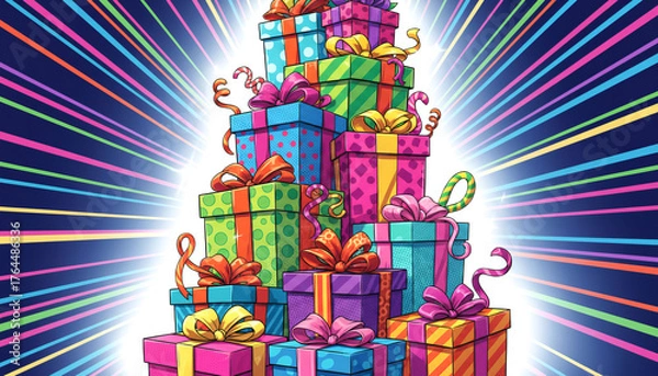 Obraz A colorful Christmas tree made of many boxes. The boxes are of different colors and sizes. The tree is surrounded by a bright light, giving it a festive and joyful appearance