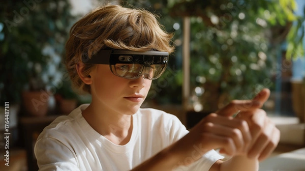Fototapeta Young boy uses augmented reality headset for immersive learning and play