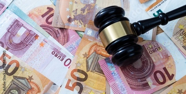 Obraz Gavel on stack of euros