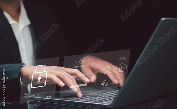 Fototapeta Cybersecurity dashboard interface showing data protection, secure login and network technology. digital padlock security systems, privacy controls.