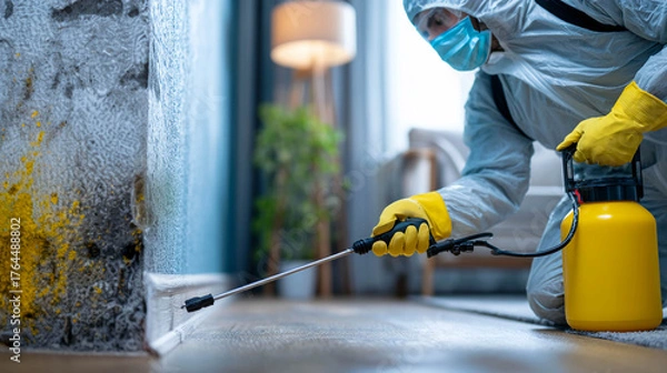 Obraz A man wearing a protective suit and a mask is using a special sprayer to treat a mold-covered wall. The worker is focused and leaning over the surface to apply the product effectively.