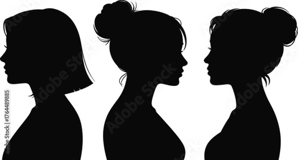 Fototapeta Diverse female silhouettes showcase varied hairstyles and profiles, perfect for beauty and branding concepts.