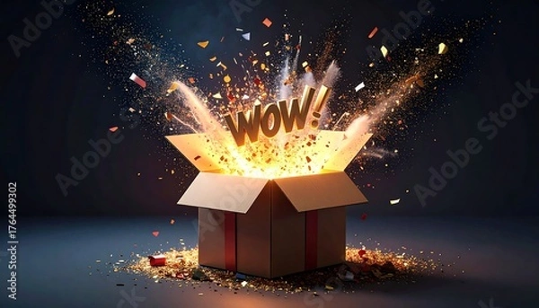 Obraz A box bursts with light, text "WOW!", and confetti against a dark gradient background creating a magical feeling