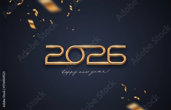 Fototapeta Elegant 2026 Happy New Year. Golden 3D Metallic Tube Typography, Festive Confetti and Streamers on Dark Background Vector Illustration.