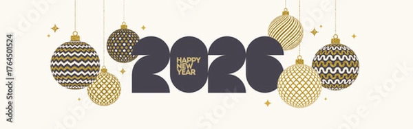 Fototapeta Minimalist 2026 New Year Banner. Modern Geometric Typography and Elegant Golden Glitter Christmas Holiday Ornaments Vector Design.