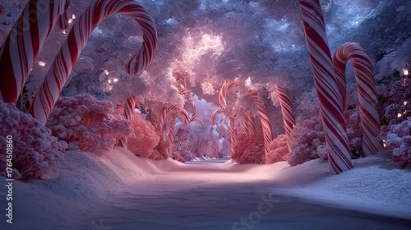Obraz A candy cane forest winter wonderland snowy path peppermint stripe pink trees festive lights holiday magic frosty scene whimsical tunnel dreamy glow. enchanting serene joyful christmas cheer