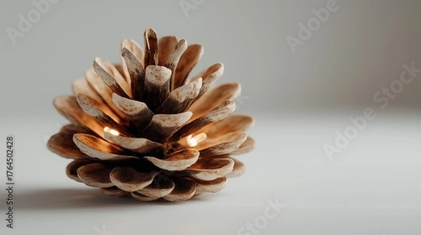 Obraz A pine cone with a lit candle inside of it. The candle is glowing and the pine cone is brown