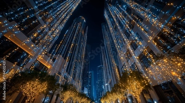Obraz A city skyline night skyscraper lights festive urban architecture street trees blue gold