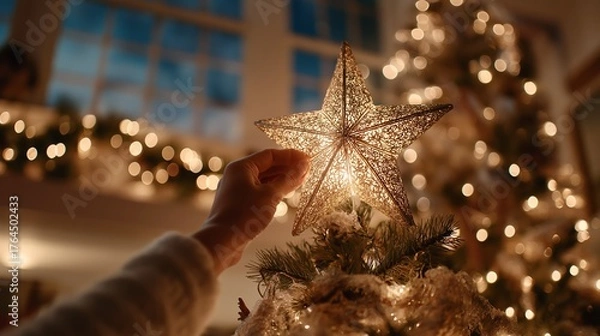 Obraz A christmas tree star topper warm light holiday decor festive home glowing bokeh cozy interior hand placing star winter season celebration joy radiant christmas tree star topper with warm light