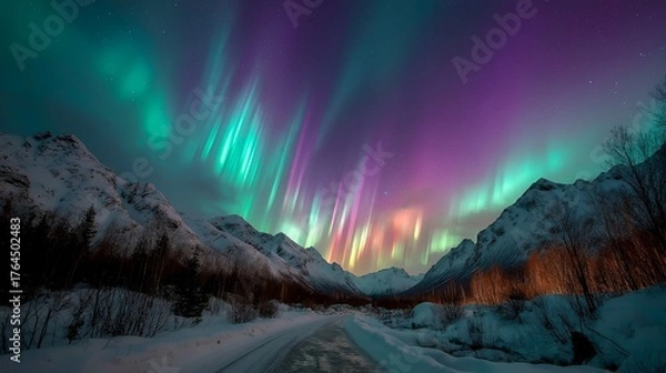 Obraz A beautiful night sky with a purple and green aurora. The sky is filled with many lights and the mountains are in the background