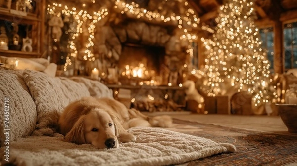 Obraz A cozy cabin interior golden retriever christmas tree warm lights fireplace rustic decor holiday season soft blanket glowing candles winter night cozy cabin interior with golden retriever resting by
