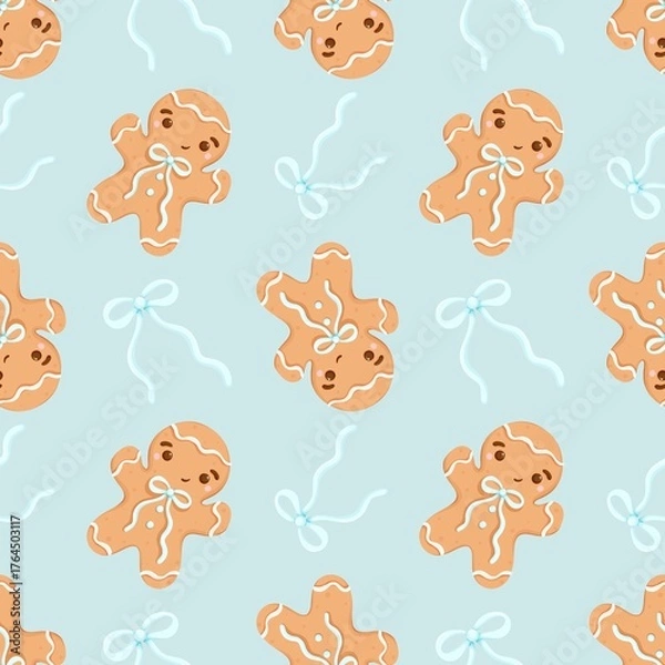 Obraz Cute Gingerbread Man Seamless Pattern. Pastel Christmas Baking Background.