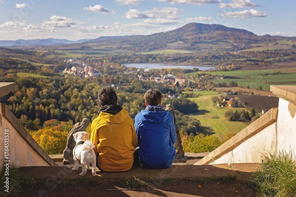 Fototapeta Calvary Ostry in Czech Republic, beautiful view from the top, kalvarie, autumn with colorful trees