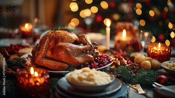 Obraz Golden roasted turkey nestled on creamy mashed potatoes, surrounded by crisp roasted potatoes, ruby cranberries, and fragrant herb garnish, highlighting holiday feast centerpiece
