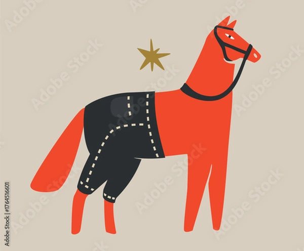 Obraz Red stallion wearing bridle and black pants. Isolated hand drawn vector