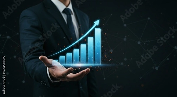 Fototapeta Professional hand presenting a glowing blue bar graph with an upward arrow, symbolizing business growth, financial success, data analysis, and technological advancement in a digital future