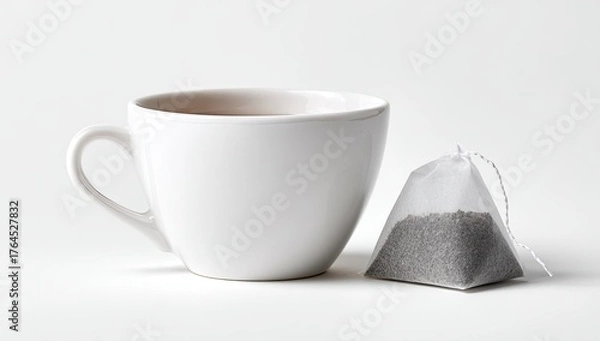 Fototapeta A white teacup filled with tea next to a tea bag