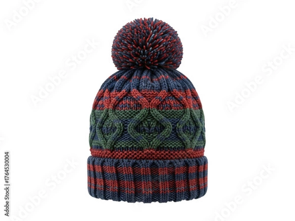 Fototapeta Multicolor Cable Knit Beanie Hat with Pom-Pom Isolated on Transparent Background