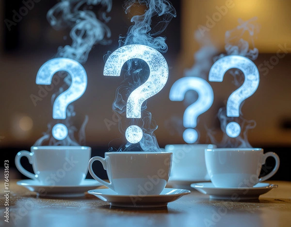 Fototapeta Creative Concept of Steaming Coffee Cups with Glowing Question Marks Symbolizing Curiosity and Ideas