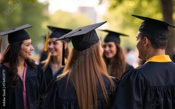 Fototapeta back view The group of graduates celebrated their college graduation with pride and joy on their graduation day. congratulations. High quality