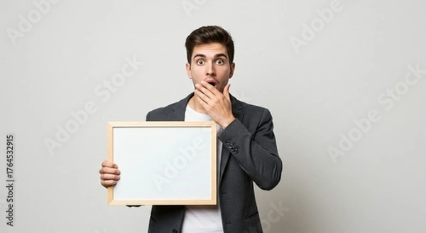 Fototapeta Surprised young man holding a blank white sign with a shocked expression, covering his mouth in disbelief, ready for your message or advertisement