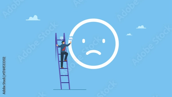 Fototapeta Young man painting dissatisfied face on the wall mad anger emotion. Dissatisfied, disappointment or displeased, negative customer feedback, furious rage emotion, anger or struggle, anxiety problem.