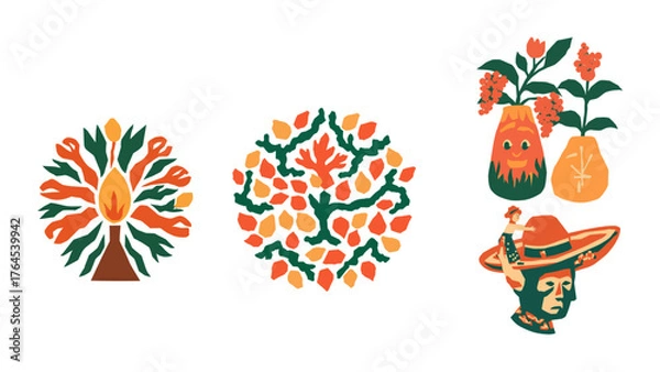 Fototapeta Whimsical folk art arrangement with playful figures and floral motifs radiates charm, perfect for adding a touch of handcrafted joy to any project