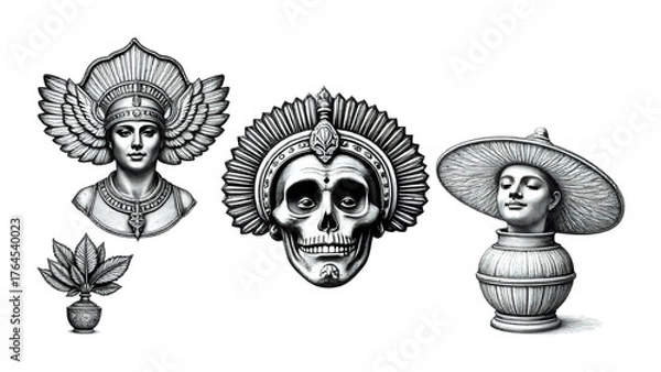 Fototapeta Striking monochrome art featuring Aztec-inspired figures, a skull adorned with feathers, and a serene woman in a wide-brimmed hat, ideal for cultural designs