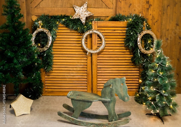 Fototapeta Escenario de Navidad en Madera con decoración