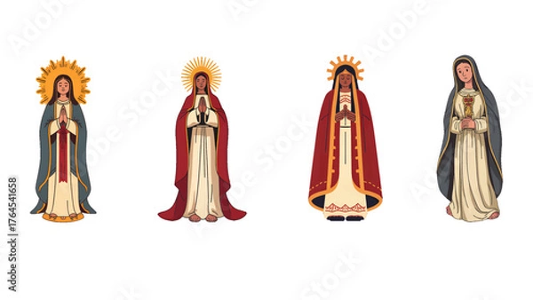 Fototapeta Diverse depictions of the Virgin Mary, a symbol of faith, hope, and protection in various cultural artistic styles for religious celebrations and spiritual reflection