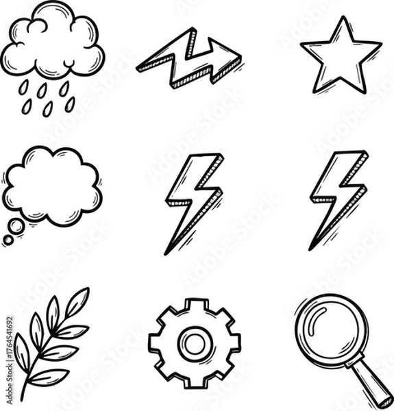 Fototapeta Hand drawn doodle icons set with weather and nature elements.