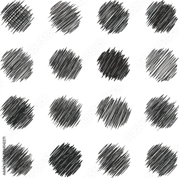 Obraz Set of sixteen hand drawn black scribble circle elements.