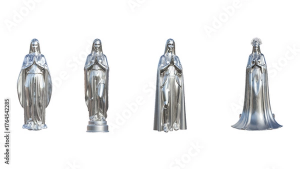 Fototapeta Four stunning silver statues depicting the Virgin Mary in prayer, perfect for religious art, faith-based projects, and spiritual designs with timeless elegance
