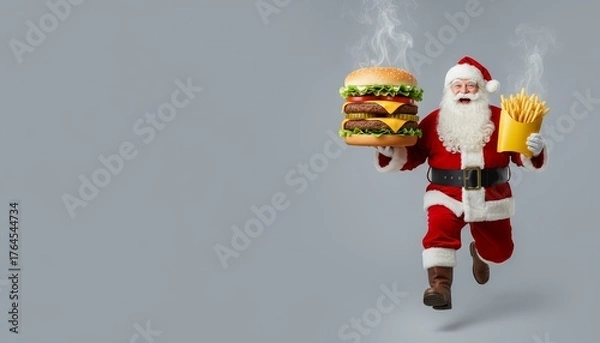 Obraz Santa Claus strides forward, holding two burgers and fries in gray and blue setting, conveying joyful indulgence, festive humor, winter holiday spirit, Christmas